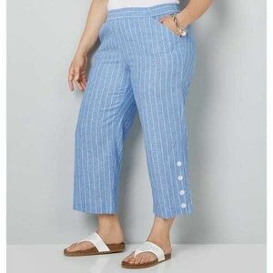 Avenue Pull On Linen Striped Blue Capri Plus Size 30/32 NWT